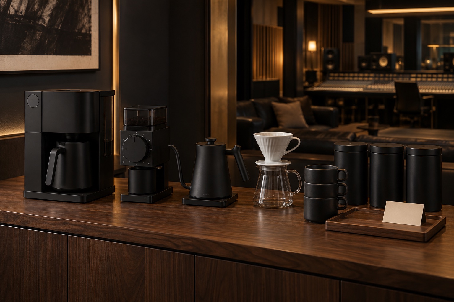 Concept render, coffee station in the studio lounge, walnut counter