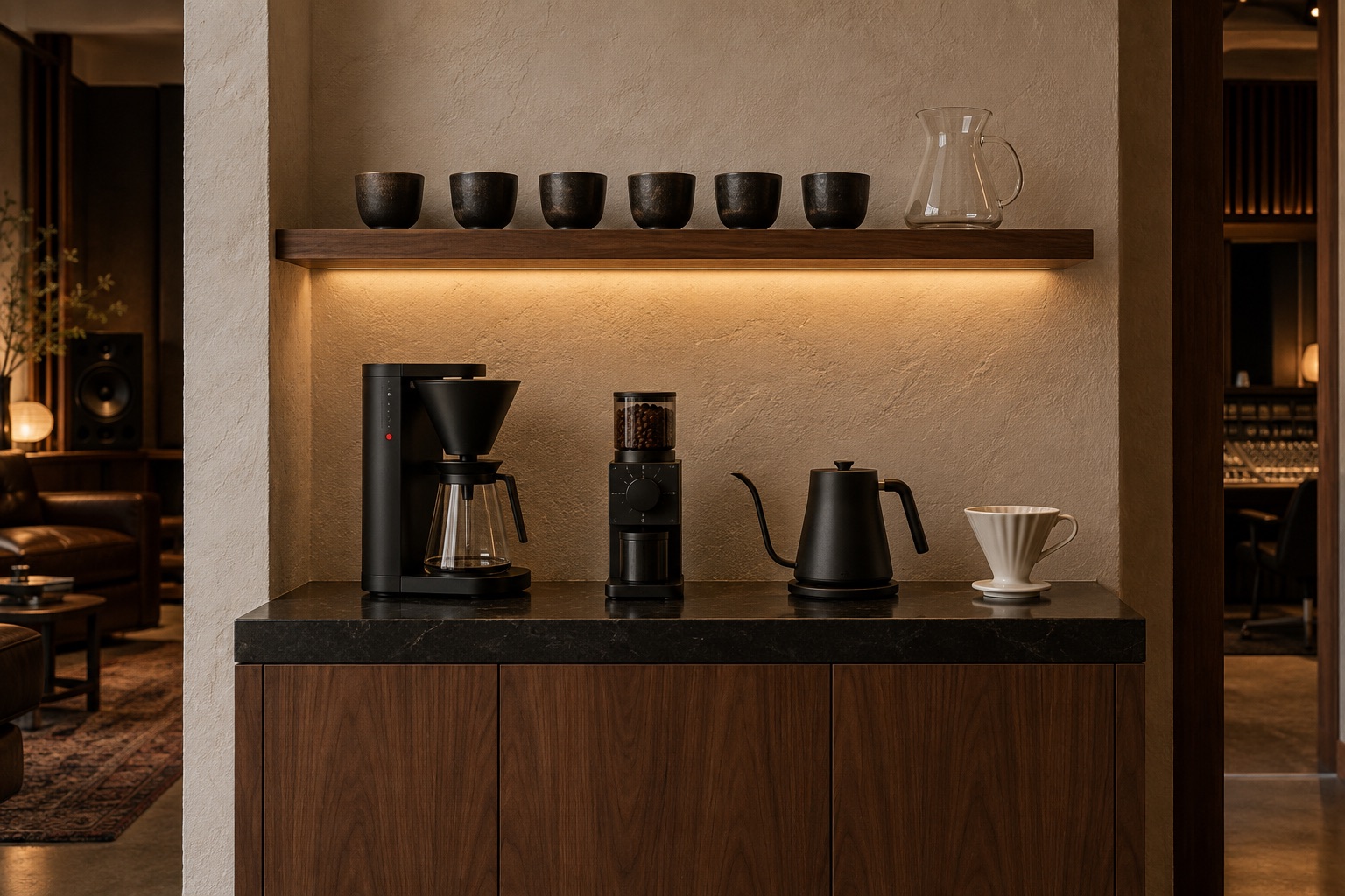 Concept render, minimal coffee nook, bone wall and black stone