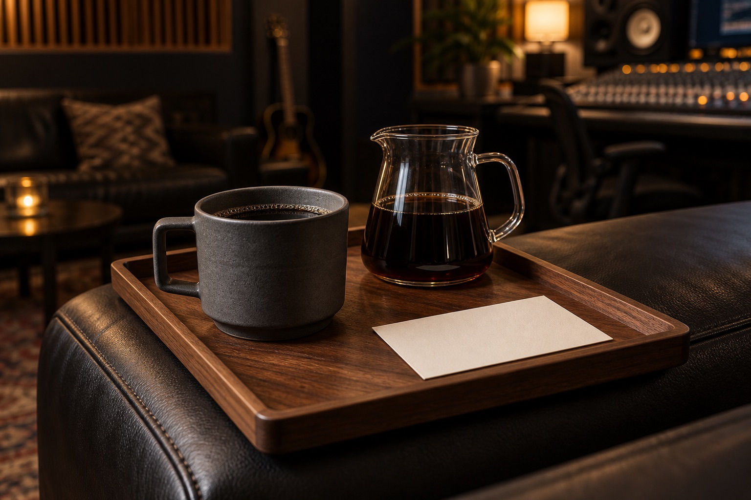 Tray service: Hasami cup, glass carafe, brew card on a sofa armrest